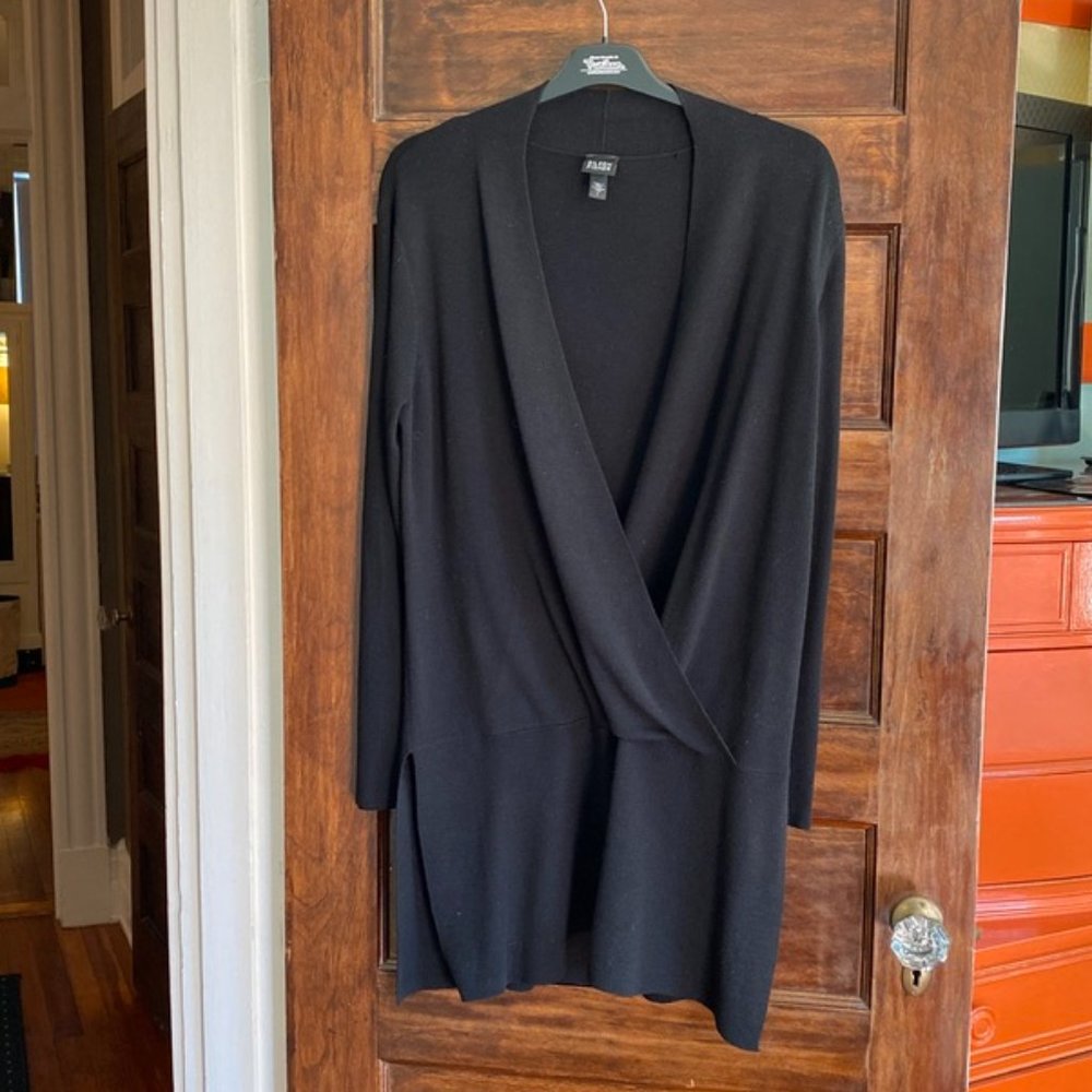 Eileen Fisher black wrap-front tunic sweater